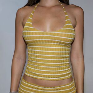 Raw Edge Halter Top: Yellow w/ White Stripes
